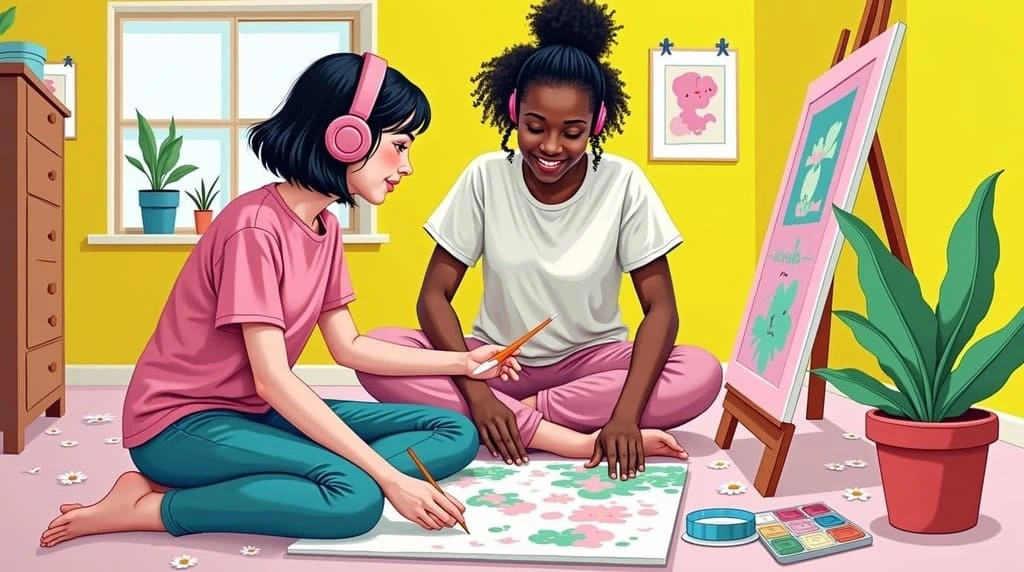 two girls painting and listening music on headphones