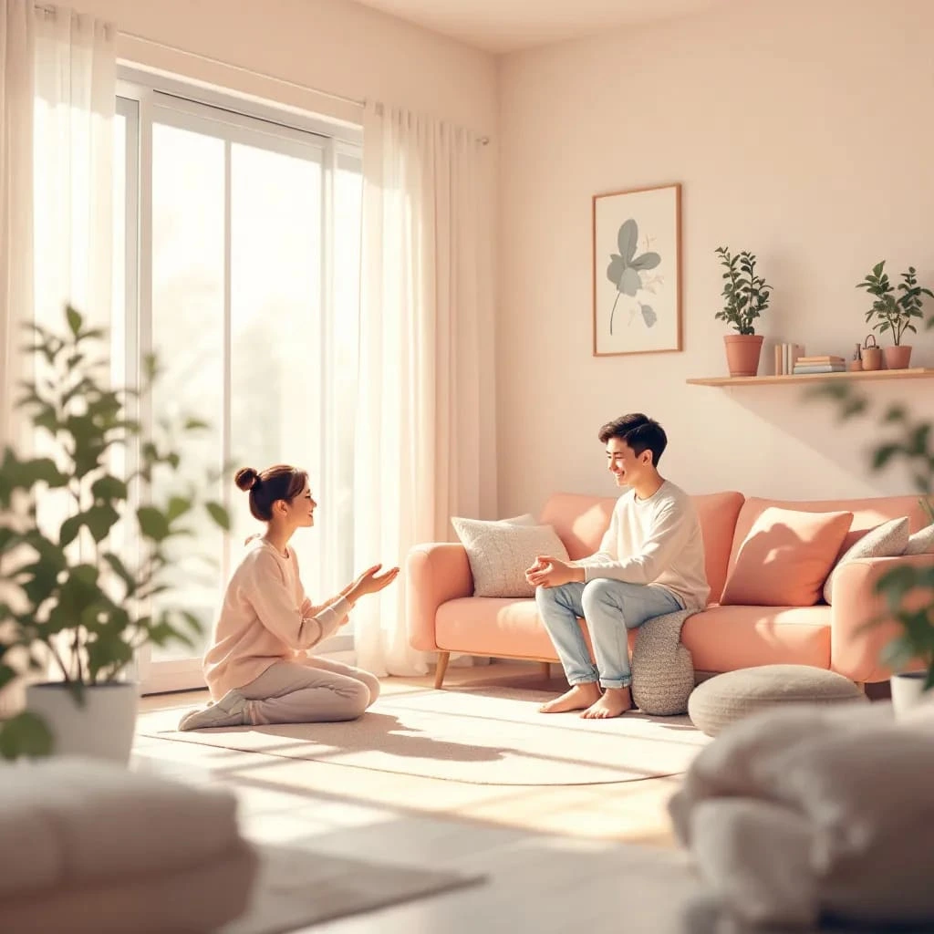 boy smiling & sitting on a couch in a living room with his caregiver sitting in front of him
