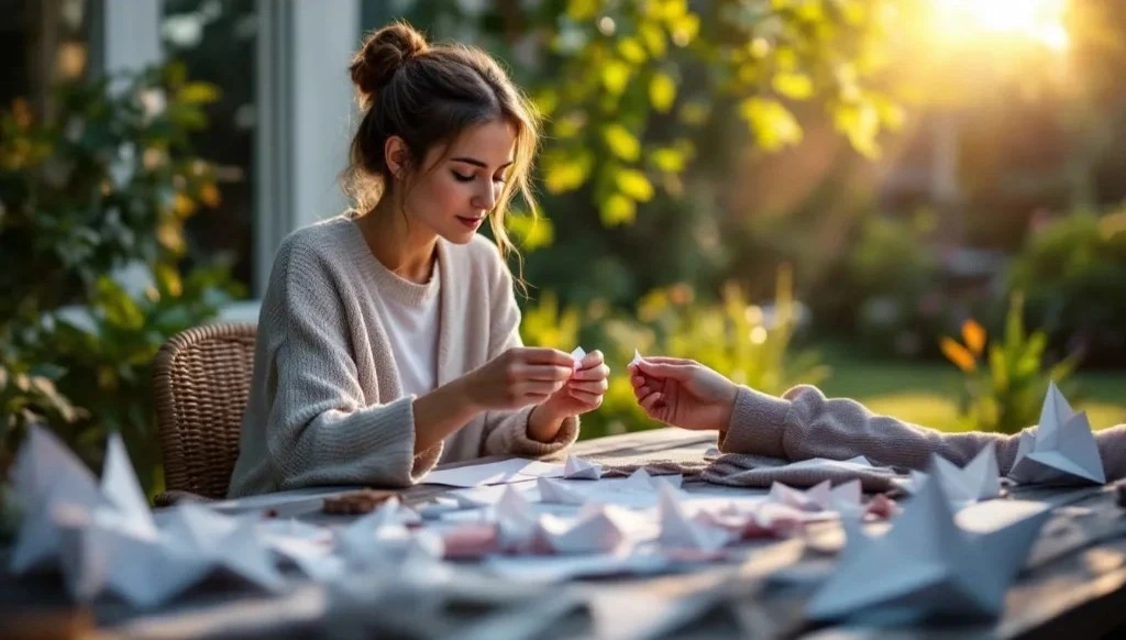 a girl doing origami on the porch