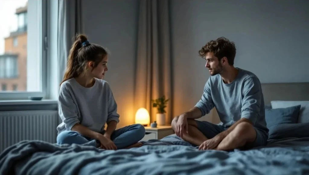 a couple sitting on a bed and looking at each other