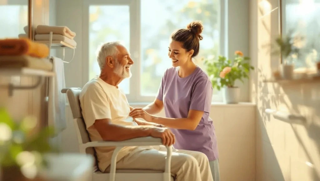 caregiver girl taking care of an elderly man both smiling