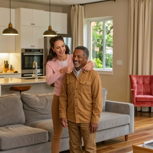 caregiver fixing man's jacket both smiling