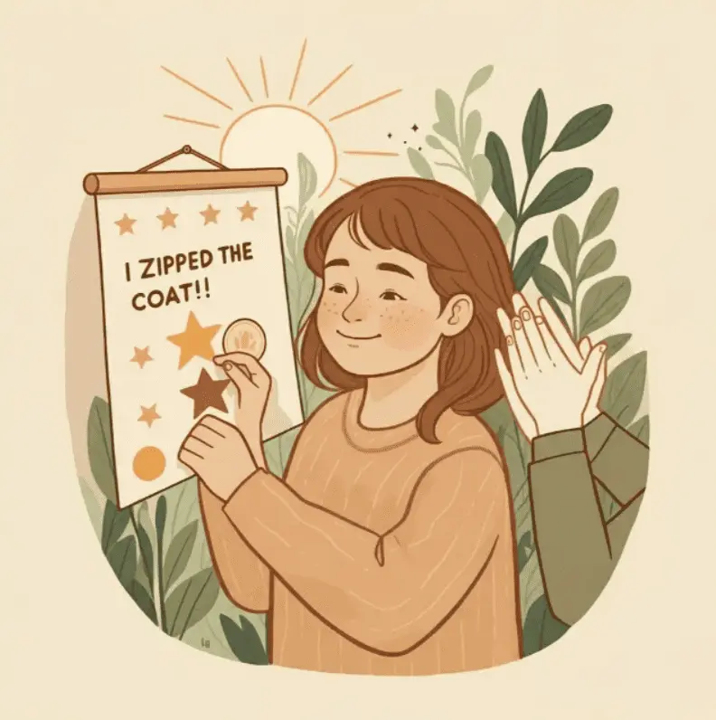 girl recording a milestone "zipping the coat"