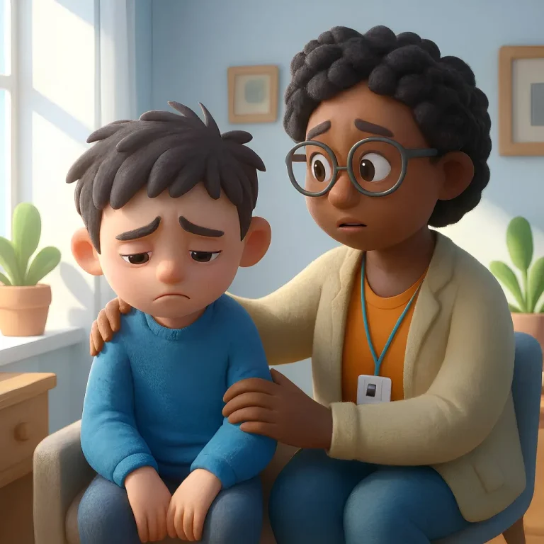 Sad boy with his support worker by his side