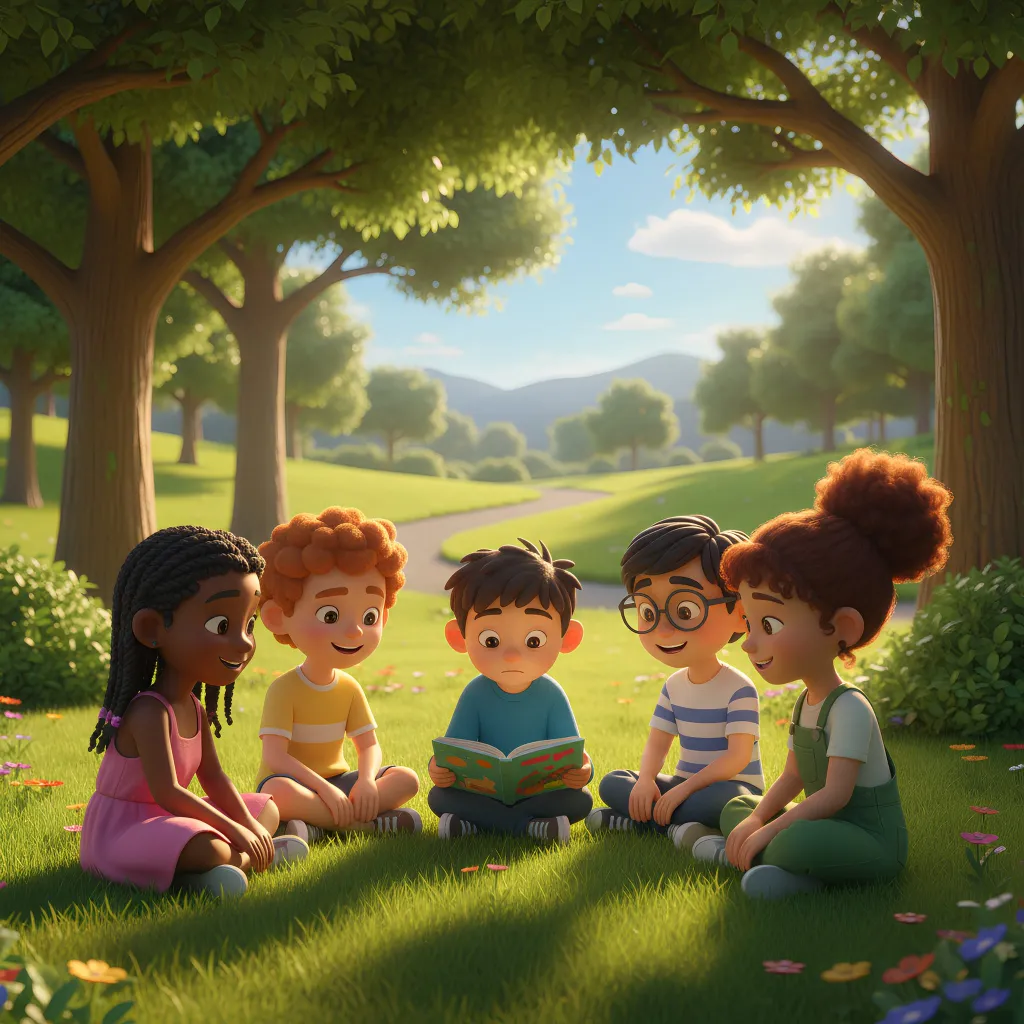 Little-boy-with-his-friends-seated-in-the-park-reading-book