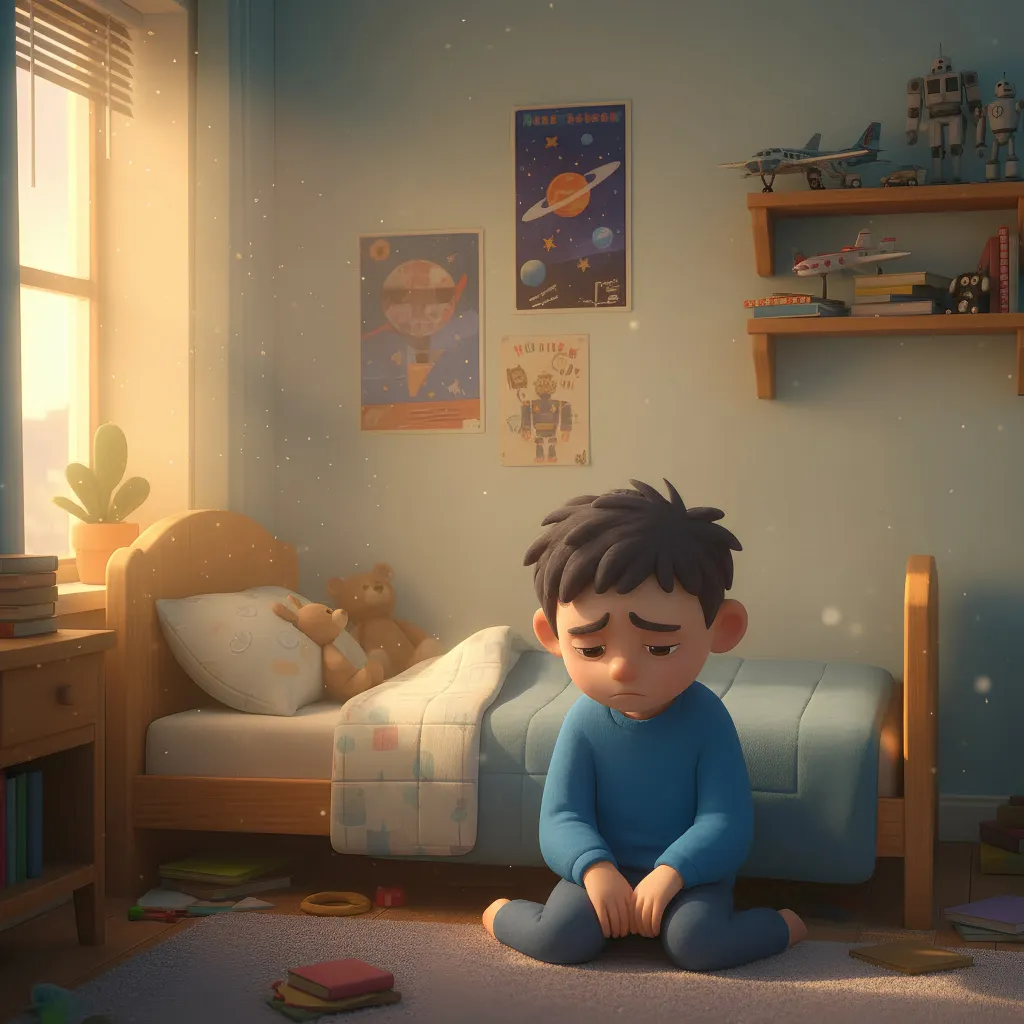 sad boy seating by the bed