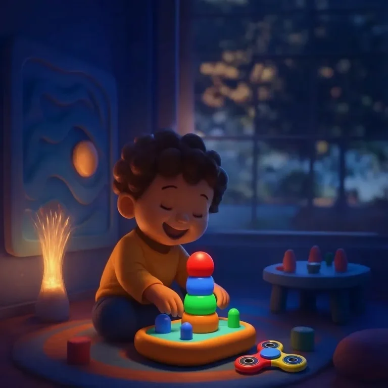 Child in a darkened sensory room, playing with toys.