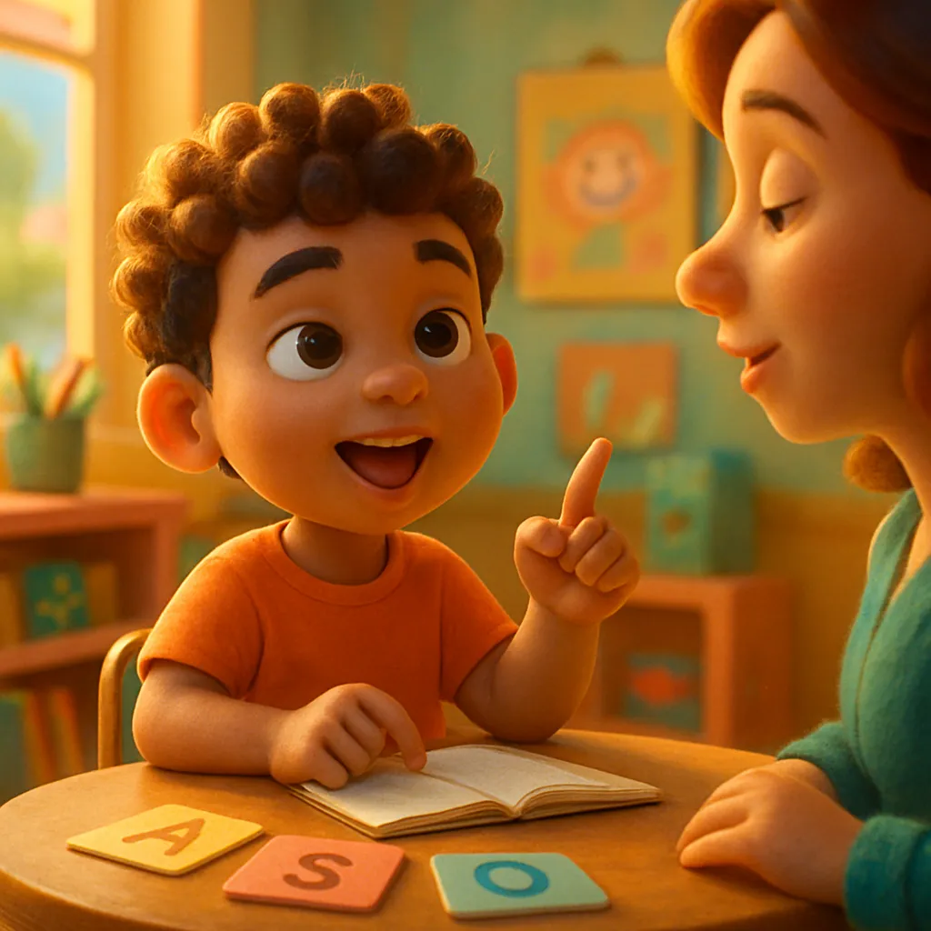 An illustrated child learning to pronounce letters and words.
