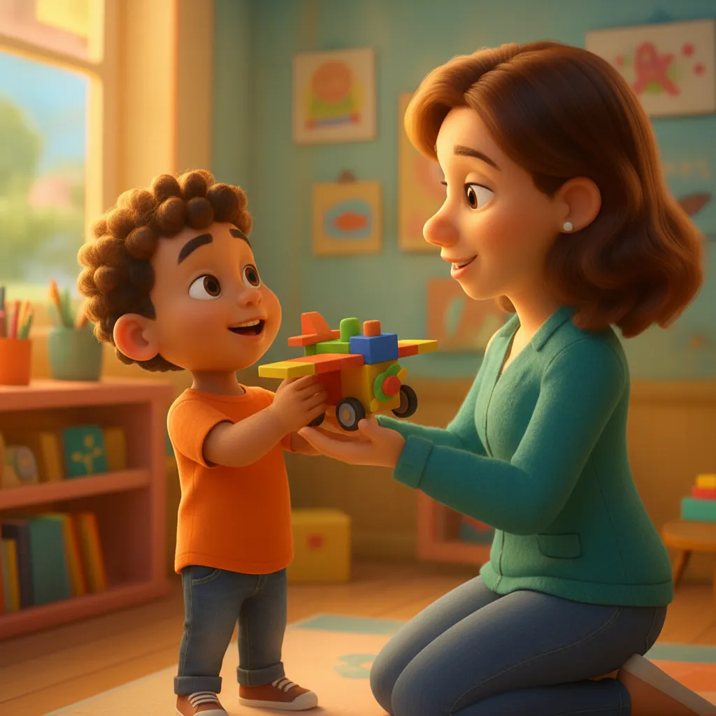 An illustrated child playing with the speech and language therapist