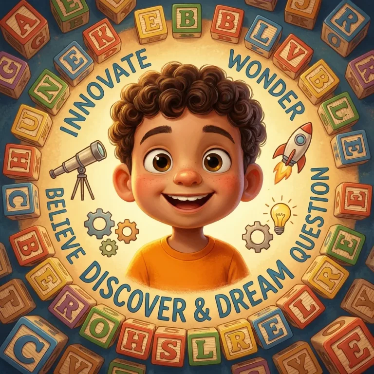 An illustrated child in the centre of different letter cubes