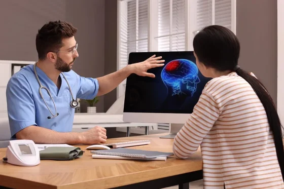 male doctor showing brain scan on monitor to a woman