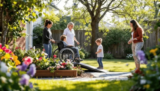 a boy in a wheelchair accompanied by support workers and family