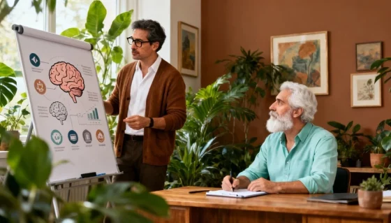 a man explaining to an elderly man about the human brain