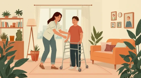 a female support worker helping a kid with a walker