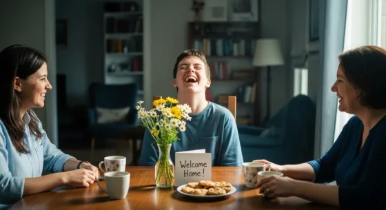person smiling at a table at home in front of flowers in a vase