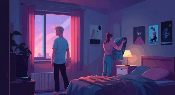 illustration of a man looking out the window why his partner is folding clothes