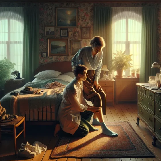 illustration of a kid sitting next to his bed with his caregiver