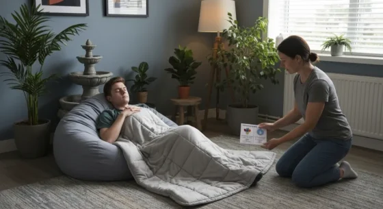 female support worker giving a blanket to a man laying in a bean bag