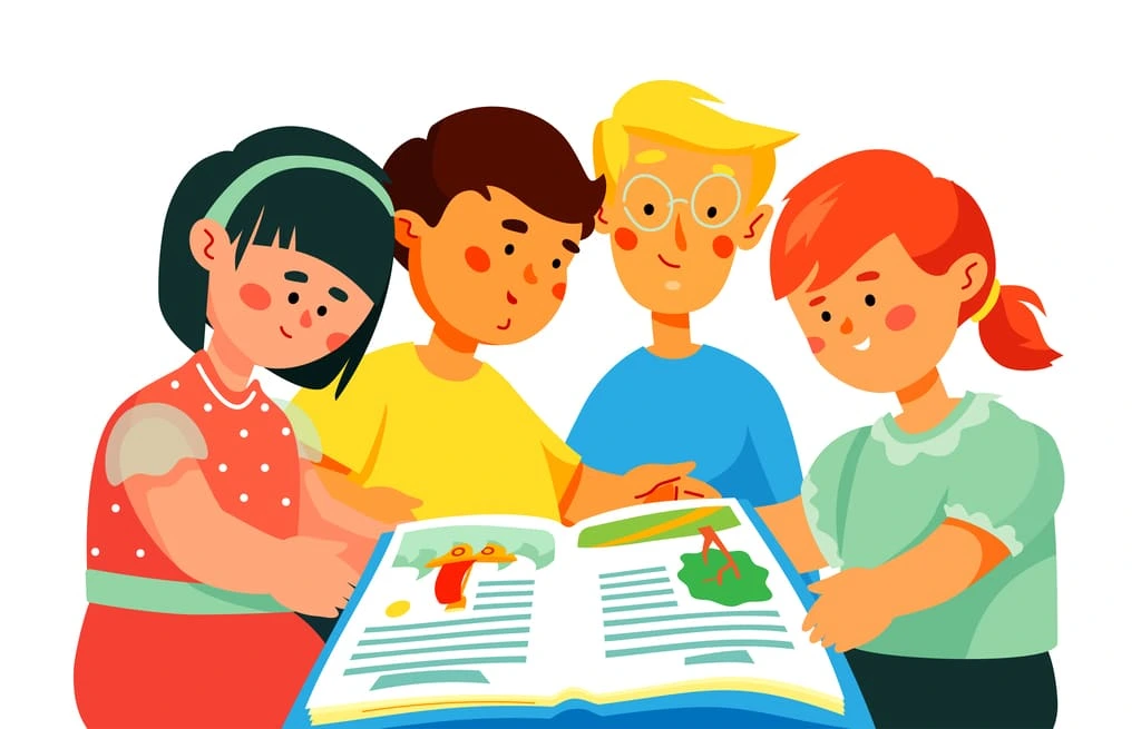 illustration of children holding a book