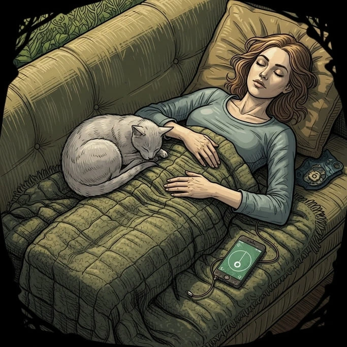 a girl resting in bed with her cat
